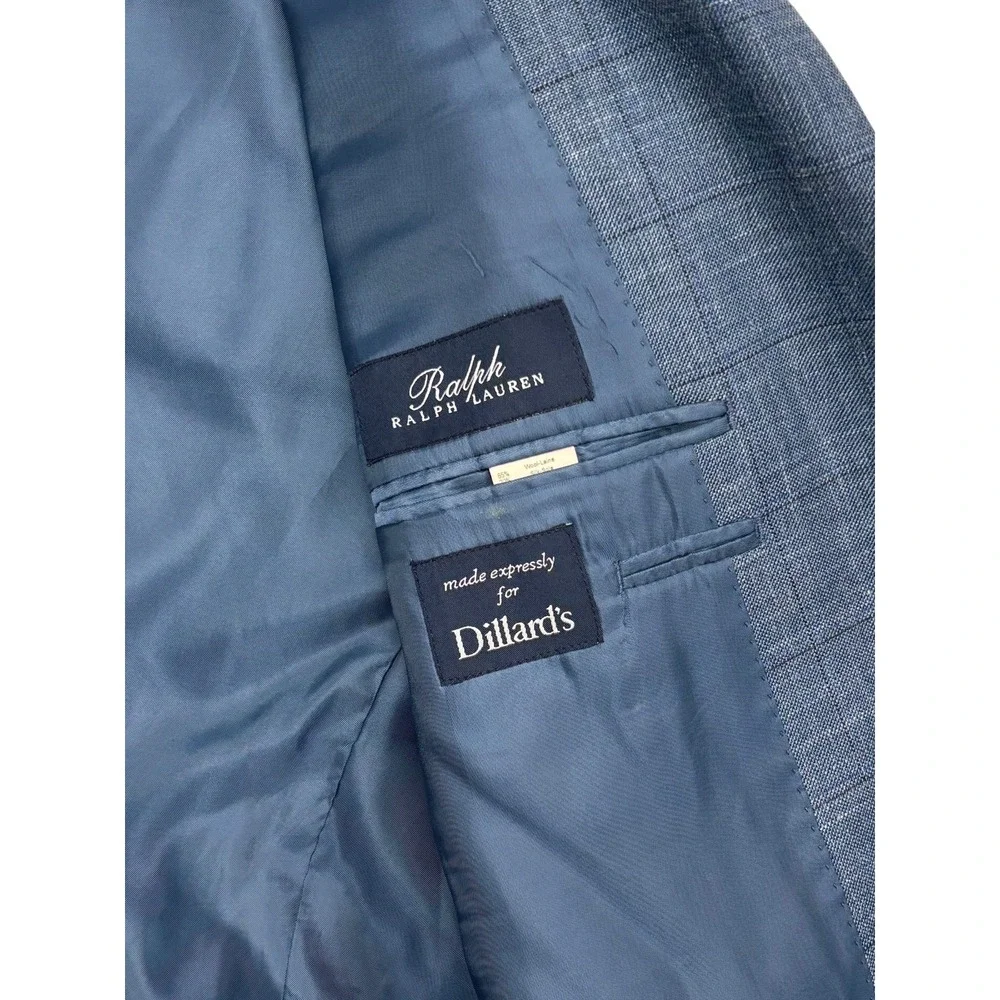 Ralph Lauren 42R Blue Windowpane Silk Wool Linen Blazer Jacket Sport Suit Coat